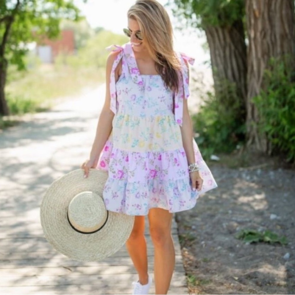 LoveShackFancy Floral Mini Dress in Pink and White